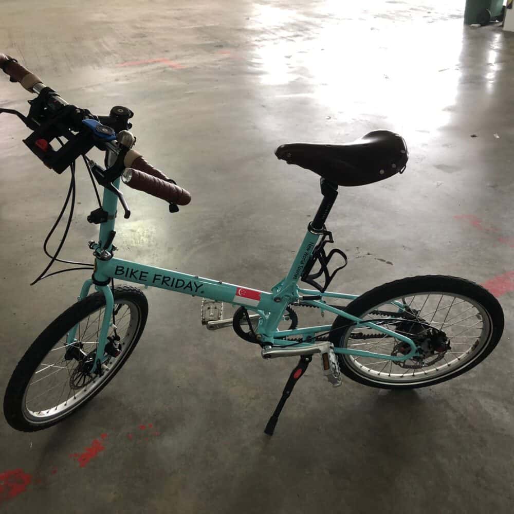 Bike Friday bicycle with protective film applied to the frame for enhanced durability.