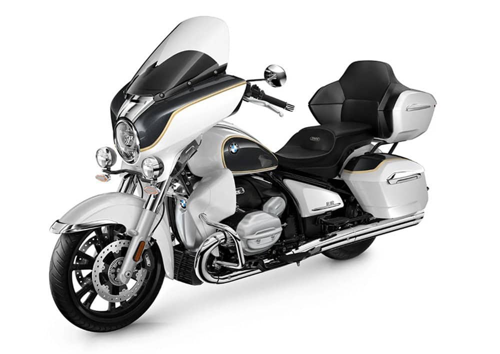 Luxury touring motorcycle with windscreen, comfortable seat, and storage compartments for long-dista.