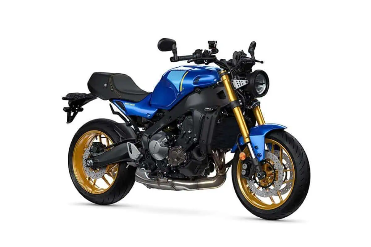 YAMAHA XSR900 motorcycle with full wrap paint protection film in blue and gold.