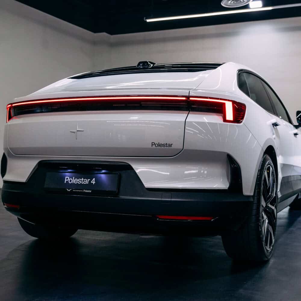 Polestar 4 rear view with XPEL bumper protection, showcasing sleek design and enhanced vehicle safet.