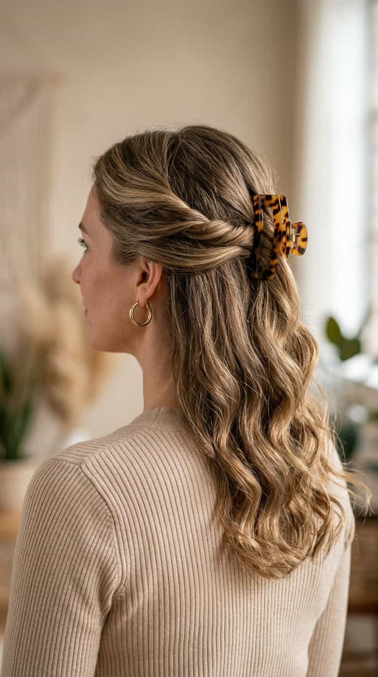 Woman wearing a half-up twisted hairstyle secured with a claw clip.