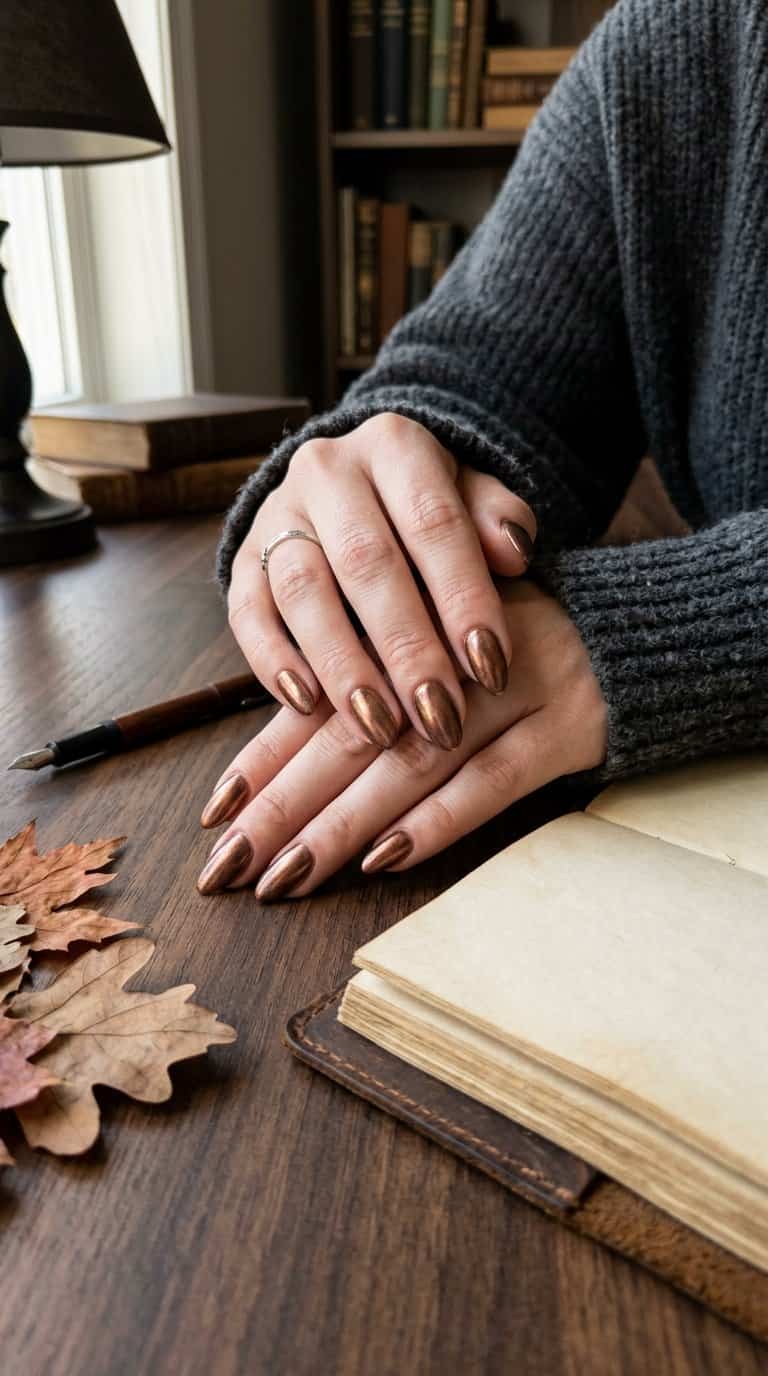 A hand with aged copper metallic almond-shaped nails rests on a dark wooden desk beside a book and folded sweater.