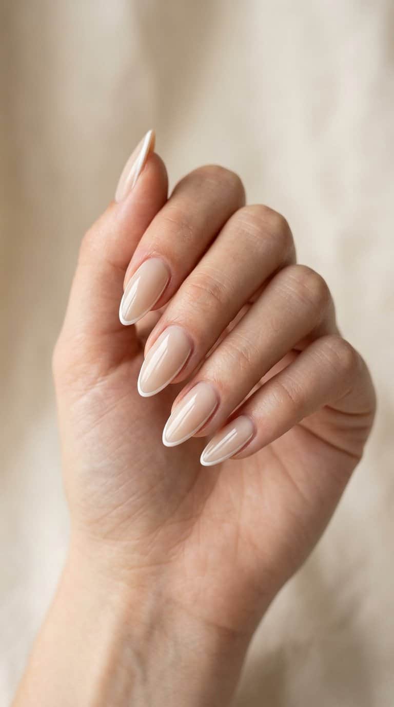 A hand with almond-shaped nude nails decorated with thin white lines along the sides.