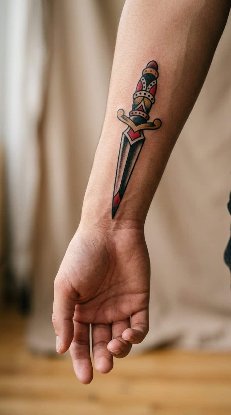 A close-up of a wrist with a dagger tattoo against a neutral background.