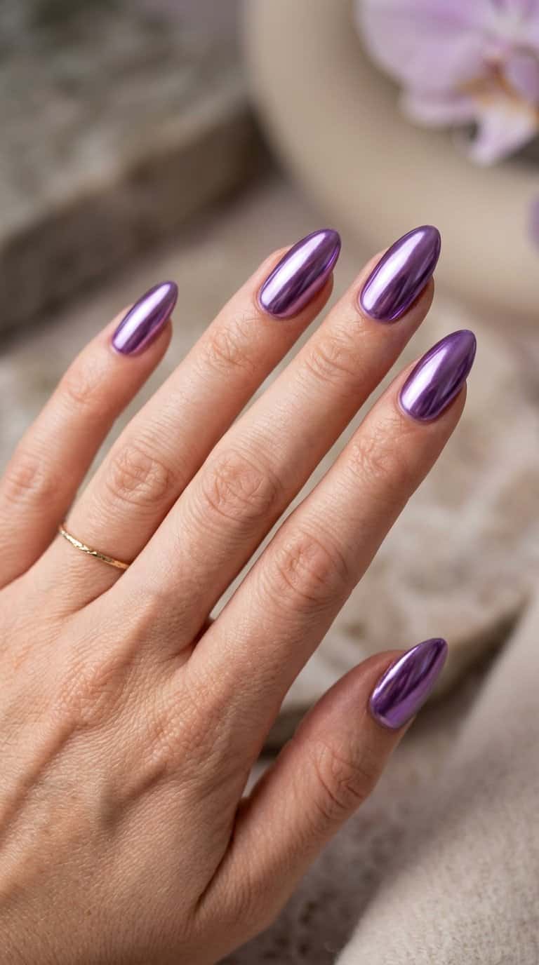 A manicured hand with reflective purple chrome almond-shaped nails against a softly blurred neutral background.