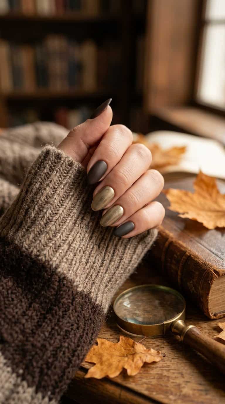 A hand with dark brown nails and antique gold accents resting on a textured sweater beside a vintage book.