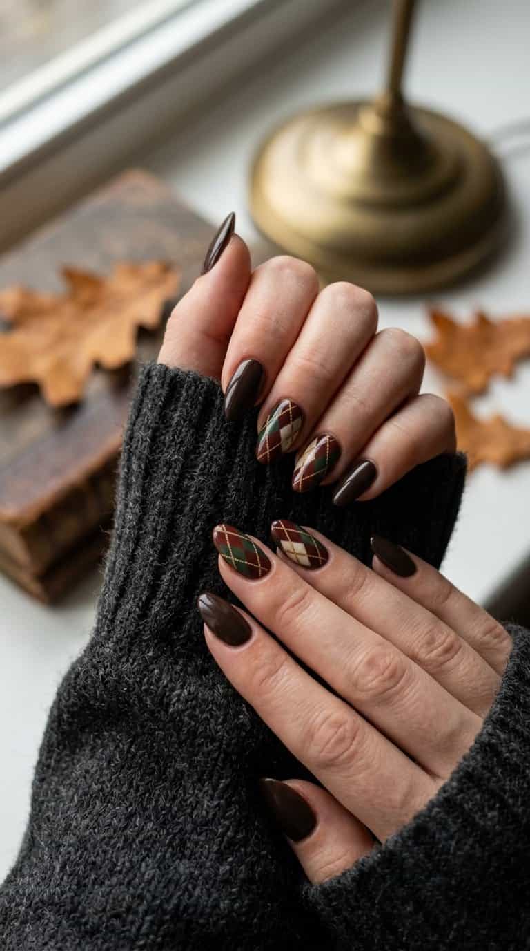 Close-up of hands with brown, burgundy, green, and cream argyle-patterned nails resting on a dark knitted sweater.