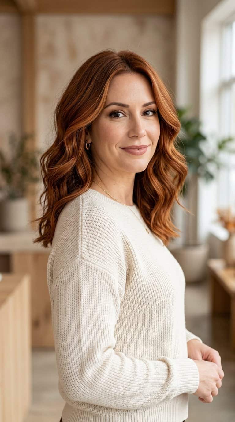 Woman with shoulder-length auburn copper hair and lighter highlights framing her face.