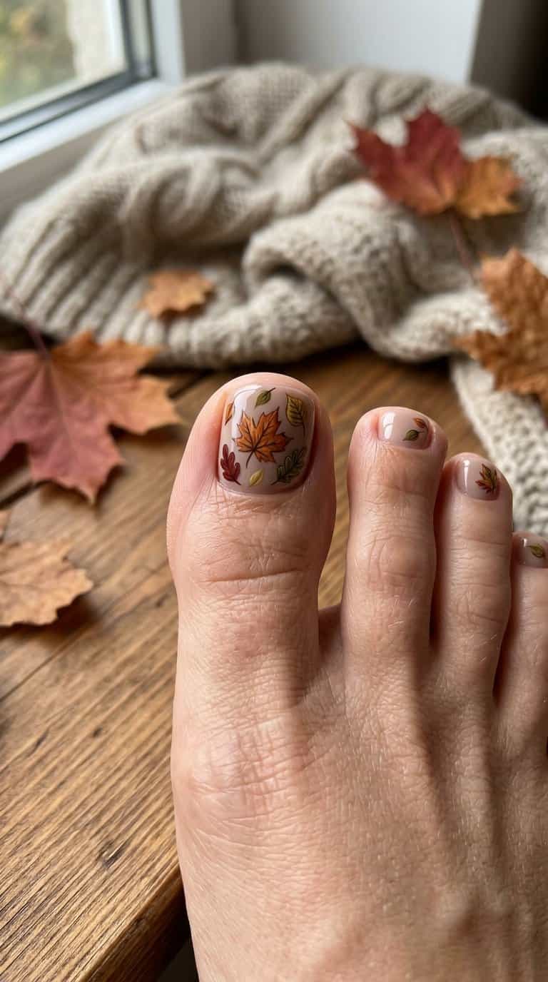 A close-up of neatly painted toenails decorated with colorful autumn leaf designs.
