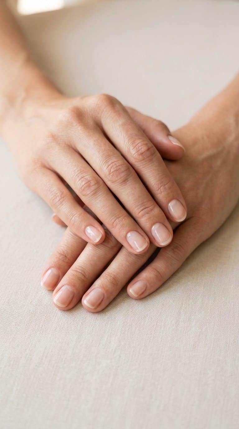 Hands with short, natural nails coated in clear gloss resting on a pale surface.