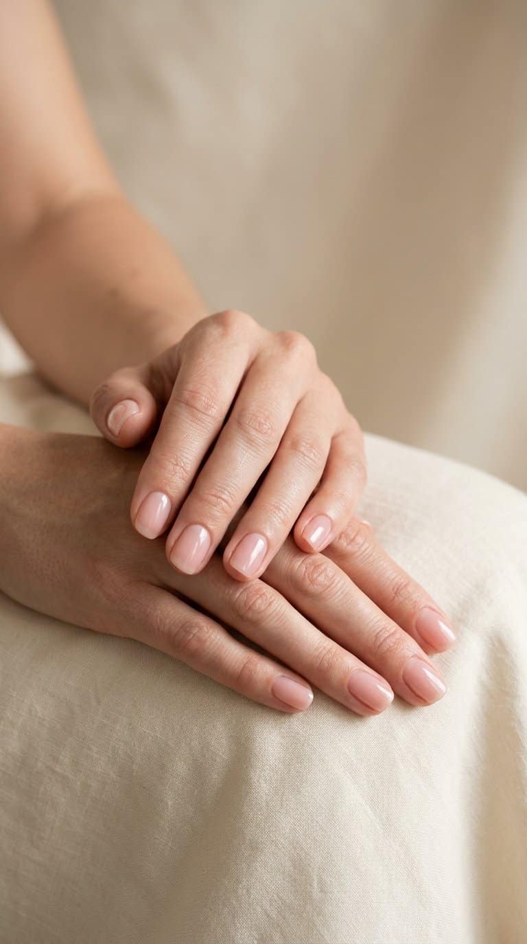 Hands with short, translucent pale pink glossy nails resting in a relaxed pose.