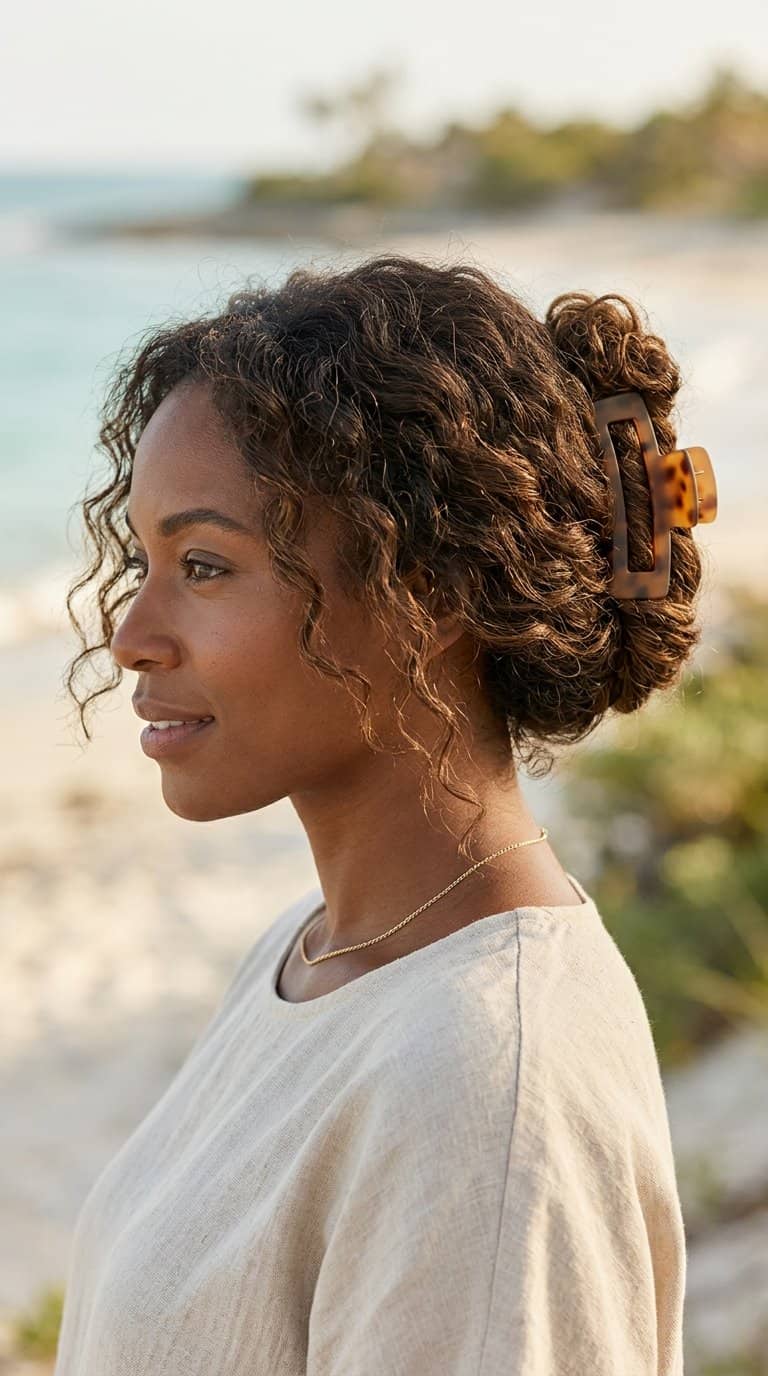 Woman with textured hair secured in a relaxed twist with a claw clip near a beach.