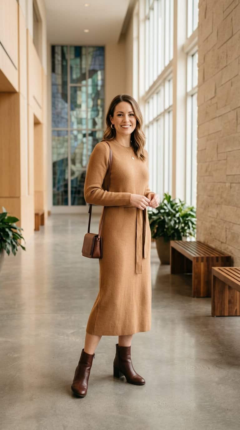 A woman in a belted knit dress and ankle boots standing in a bright church entryway.
