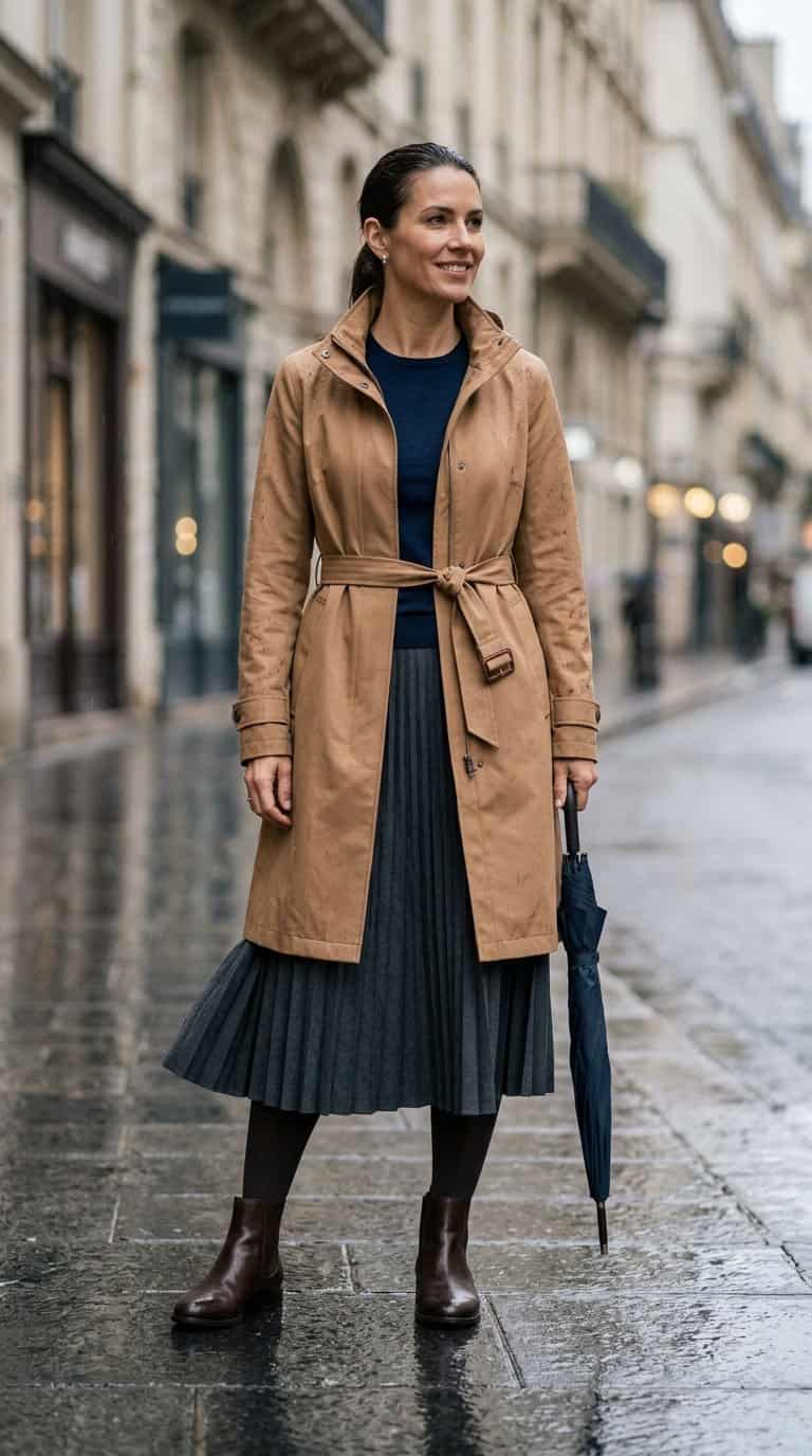 A woman in a belted coat and pleated midi skirt stands on a rainy city sidewalk.