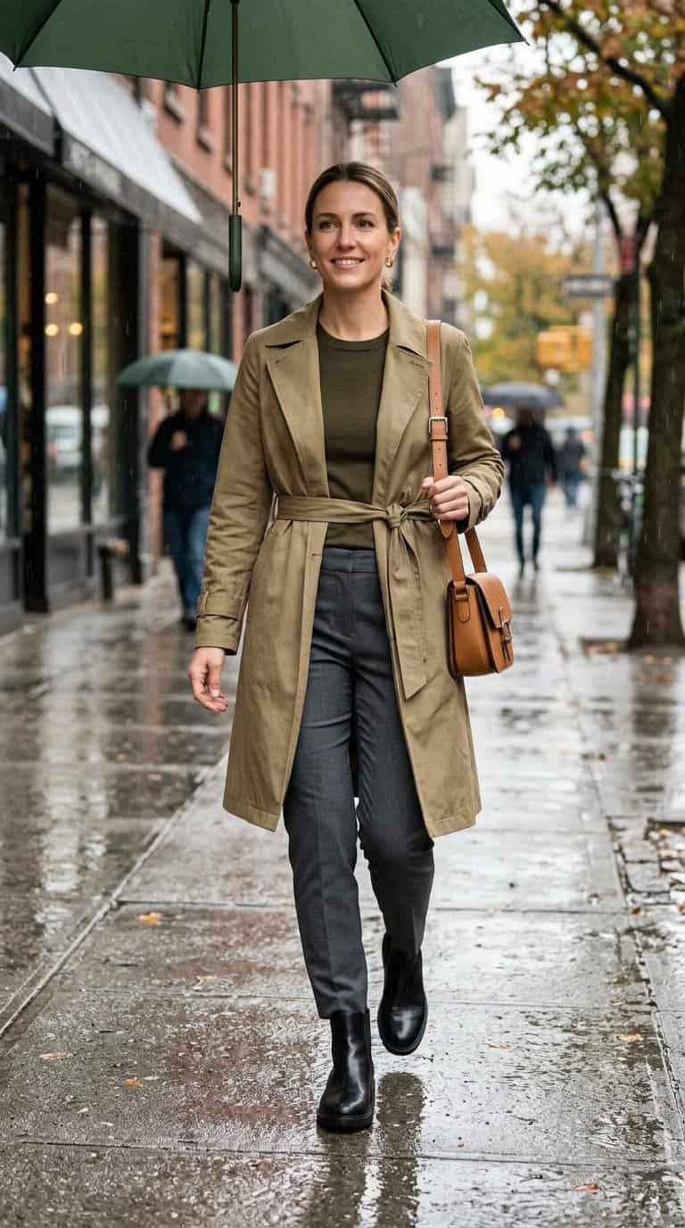 A woman in a belted raincoat and tapered chinos walks along a wet city sidewalk in the rain.