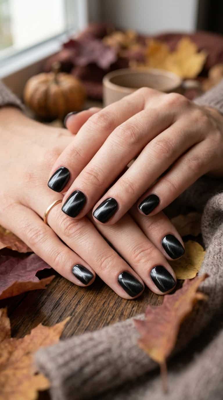 Close-up of a hand with short glossy black cat-eye nails resting on a warm autumn-toned surface.