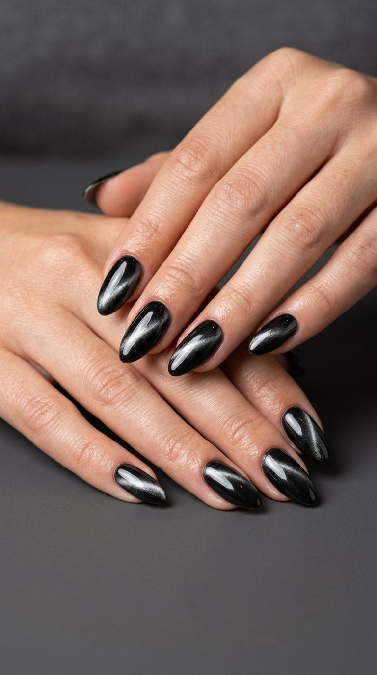 Close-up of hands with glossy black chrome cat-eye manicure.