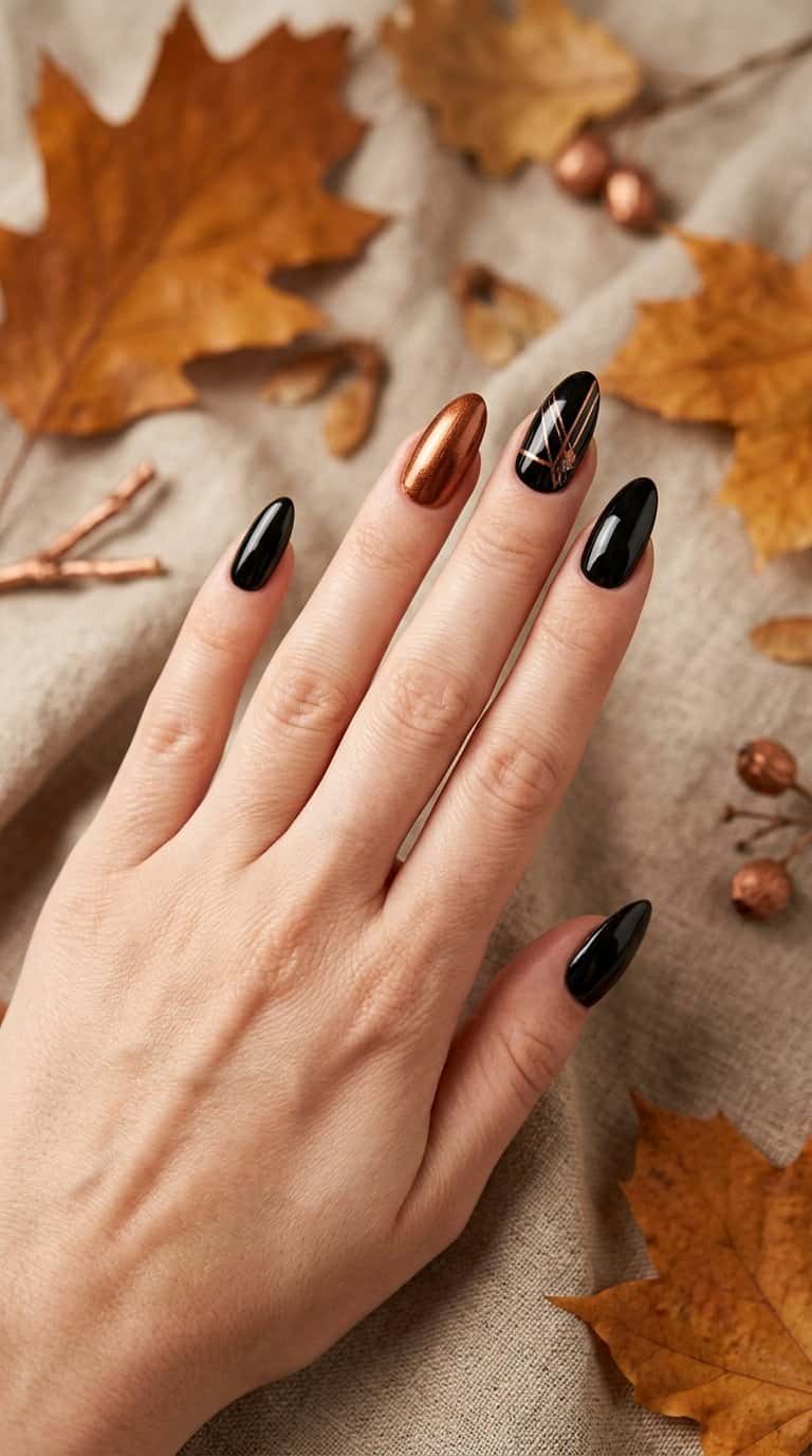 A hand displays black and copper almond-shaped fall nails beside dried leaves.