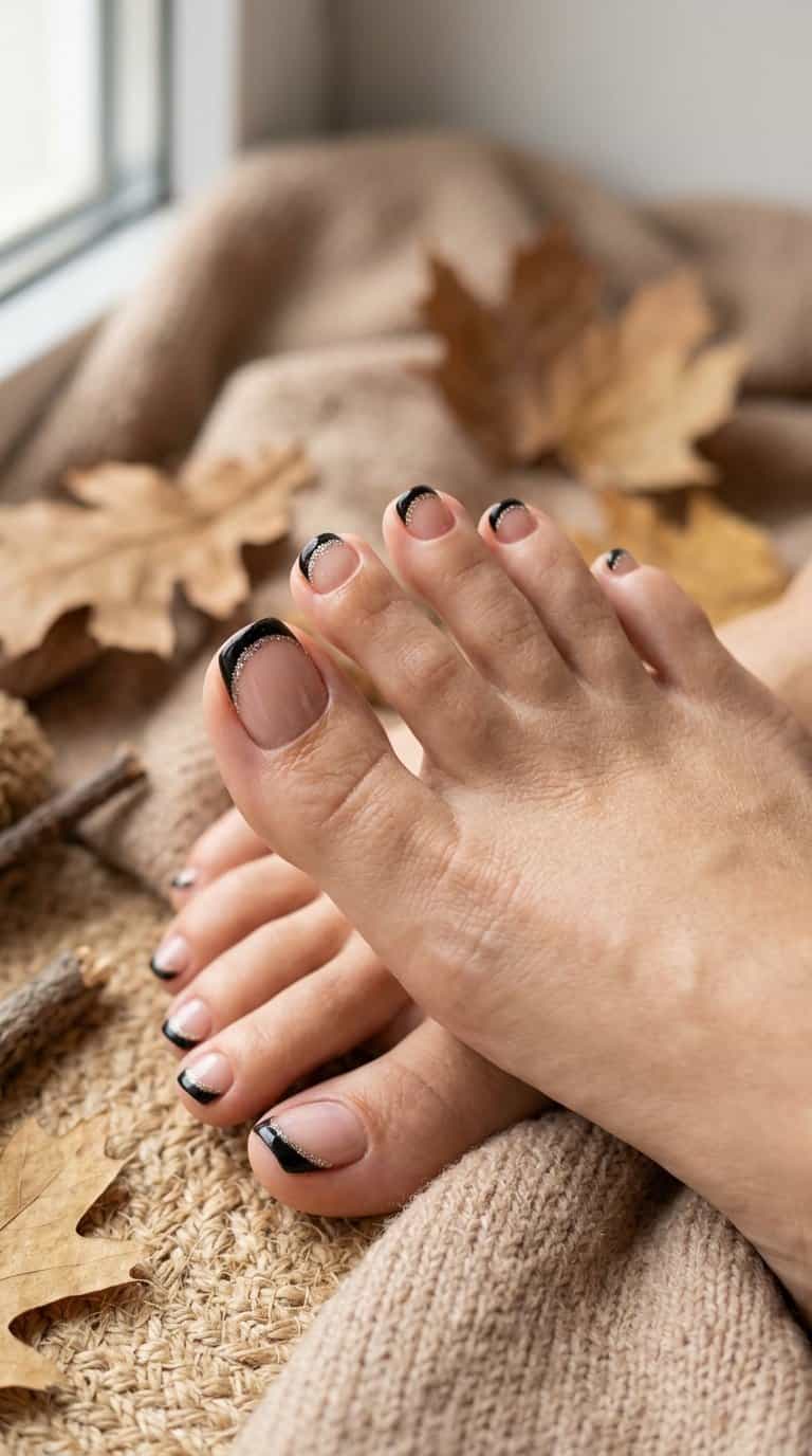 A close-up of neatly groomed toes with glossy nude polish, black French tips, and subtle glitter.