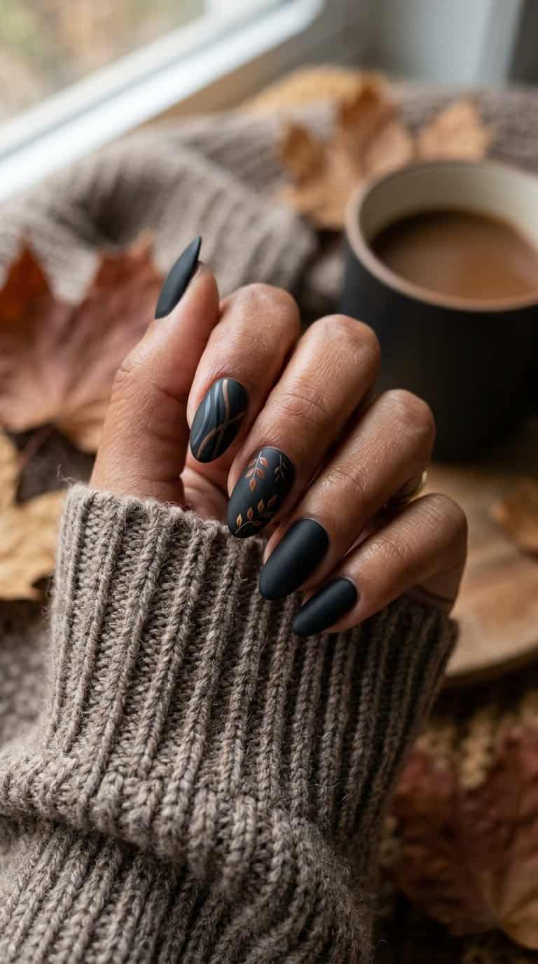 A hand with black matte almond-shaped nails rests against a warm autumn-toned background.