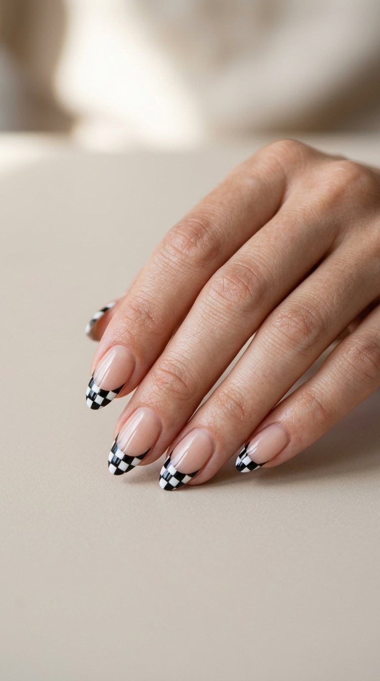 A hand with black-and-white checkerboard French tip nails resting on a neutral surface.