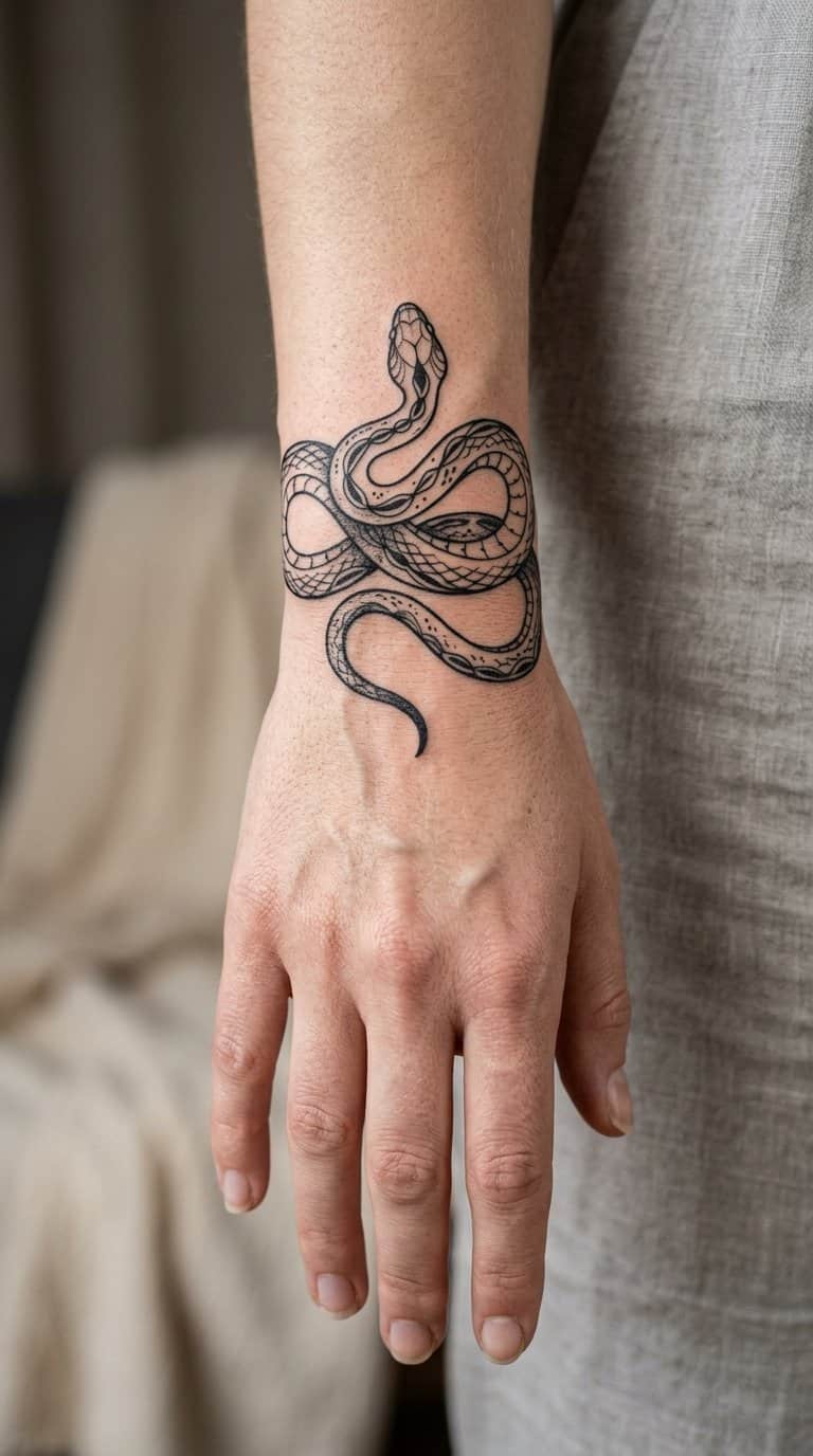 A close-up of a wrist with a black snake tattoo wrapped around it.