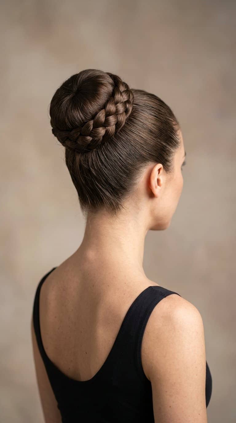 Woman wearing a high bun wrapped with a braid.