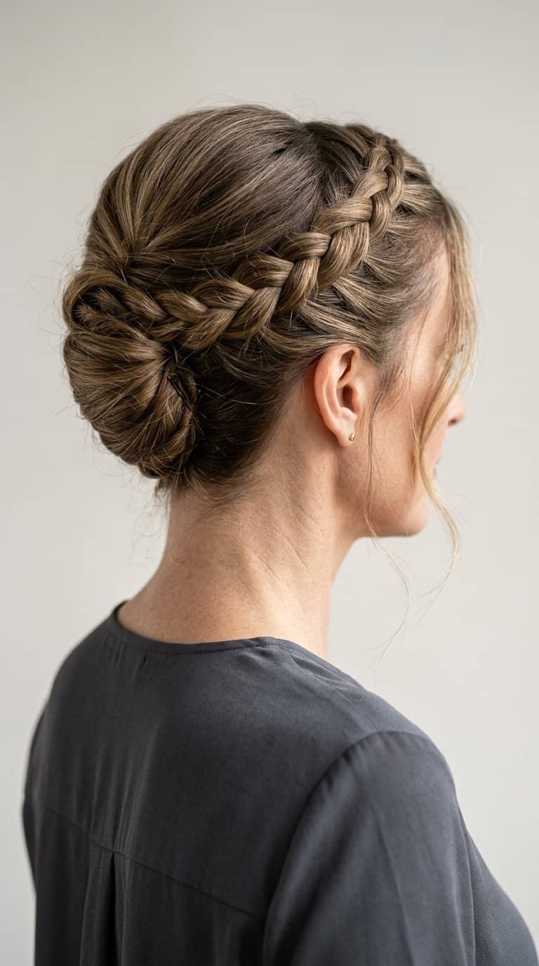 Woman wearing a braided French twist hairstyle viewed from behind.