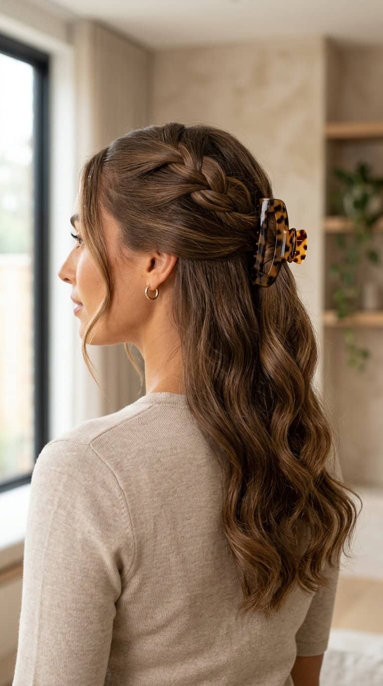 A woman with long brown hair wears a braided half-up hairstyle secured with a claw clip.