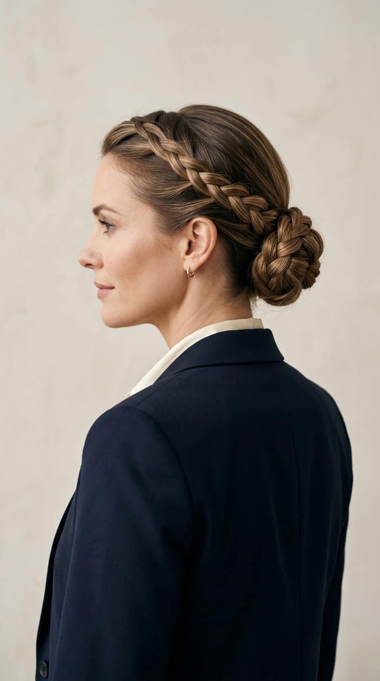 A woman wearing a braided low bun hairstyle at the nape of her neck.