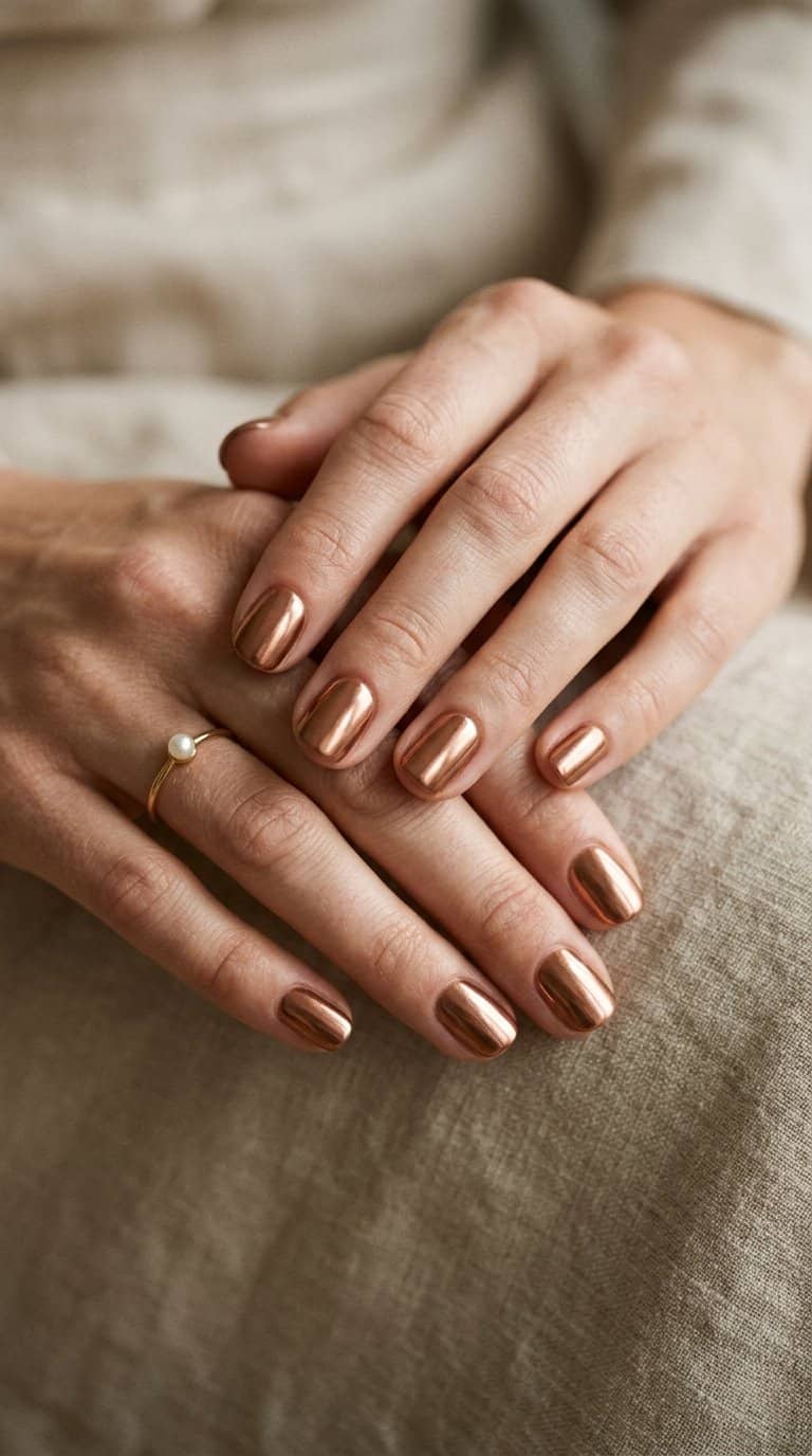 A close-up of hands with short bronze metallic nails resting on a neutral surface.