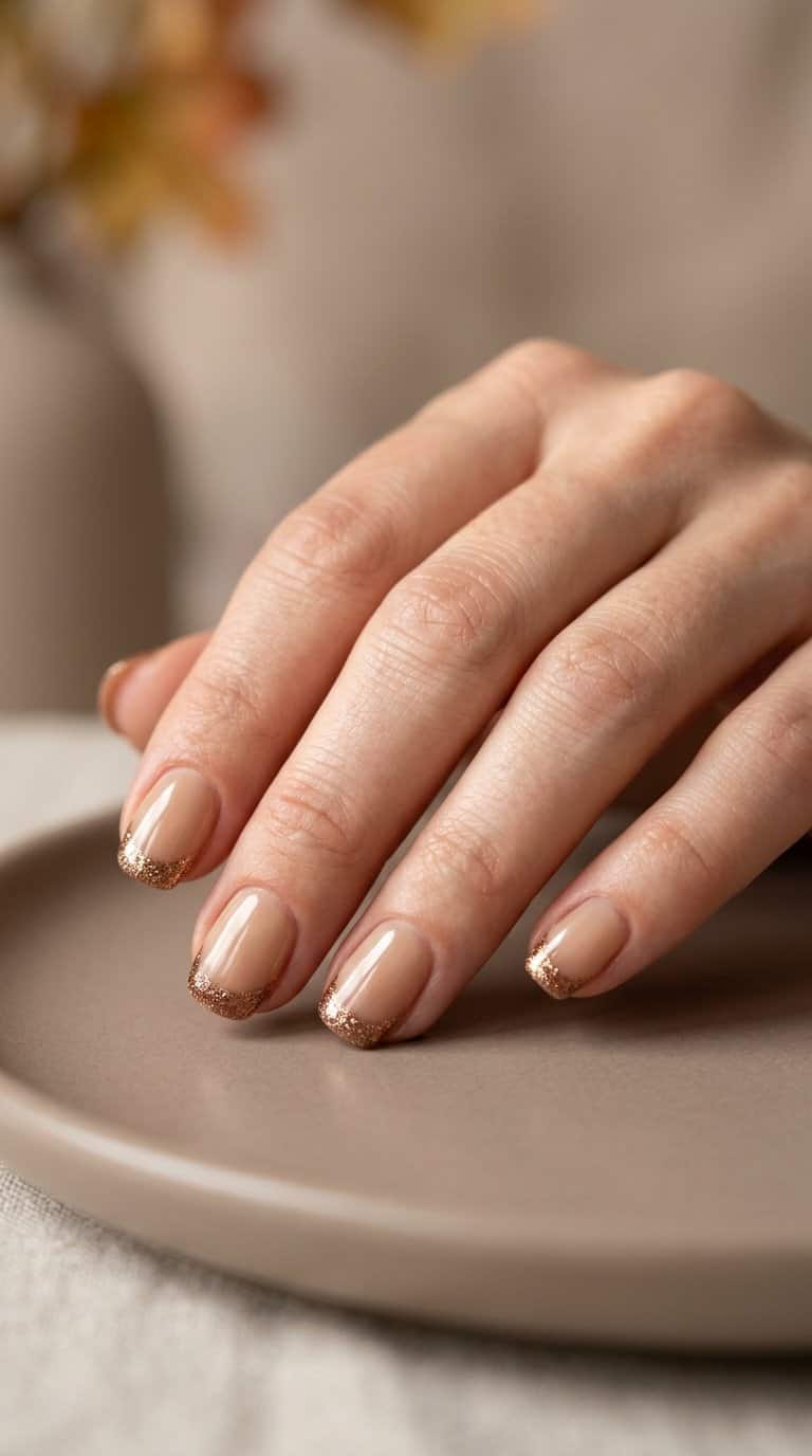A hand with short nails featuring bronze glitter French tips.