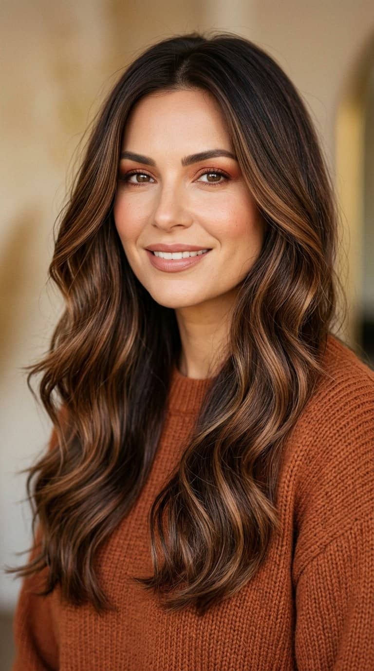 Woman with long wavy brunette hair featuring warm bronze and caramel highlights.