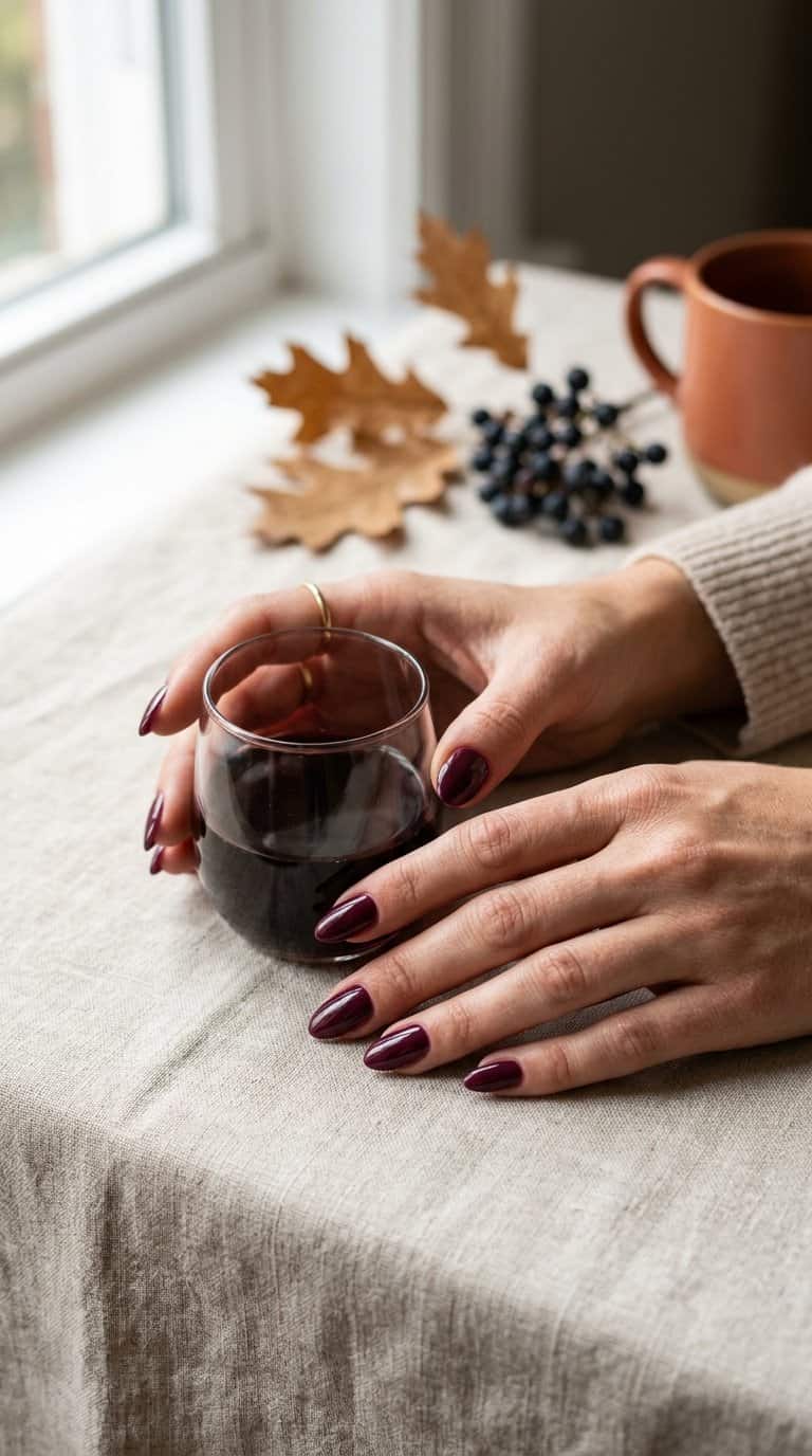 A close-up of manicured hands with glossy burgundy nails beside a glass of red wine and autumn leaves.