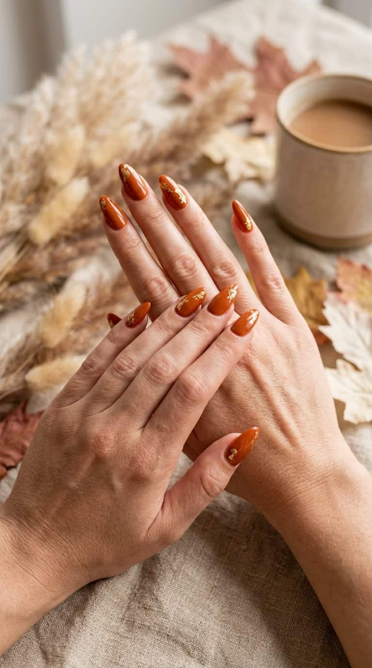 A hand displaying burnt orange almond-shaped nails with delicate gold foil accents.