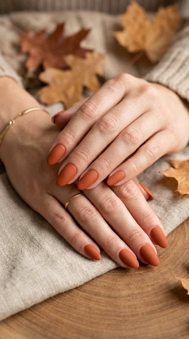 Close-up of hands with burnt orange matte nails resting on a neutral surface.