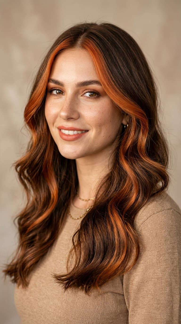 Woman with long brown hair and bright burnt-orange front sections framing her face.