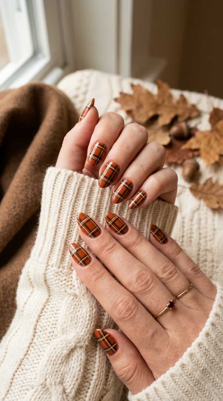 A close-up of hands with burnt orange and brown plaid manicured nails resting on a cream knitted sweater.