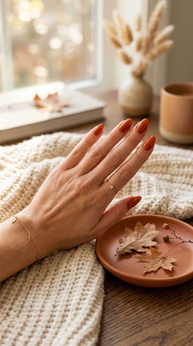 A hand with glossy burnt-orange painted nails rests beside autumn leaves and soft neutral fabric.