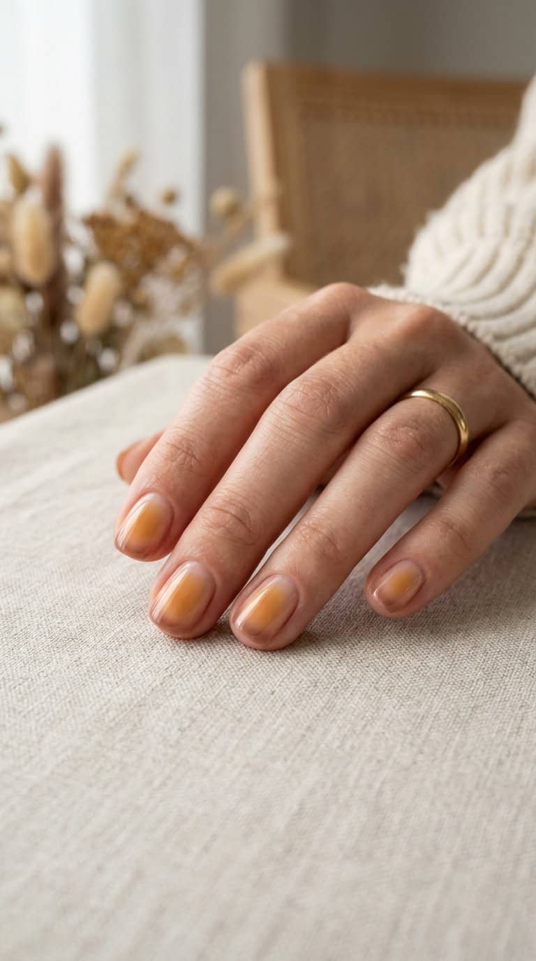 A hand with short glossy caramel-toned aura nails resting on a warm neutral surface.
