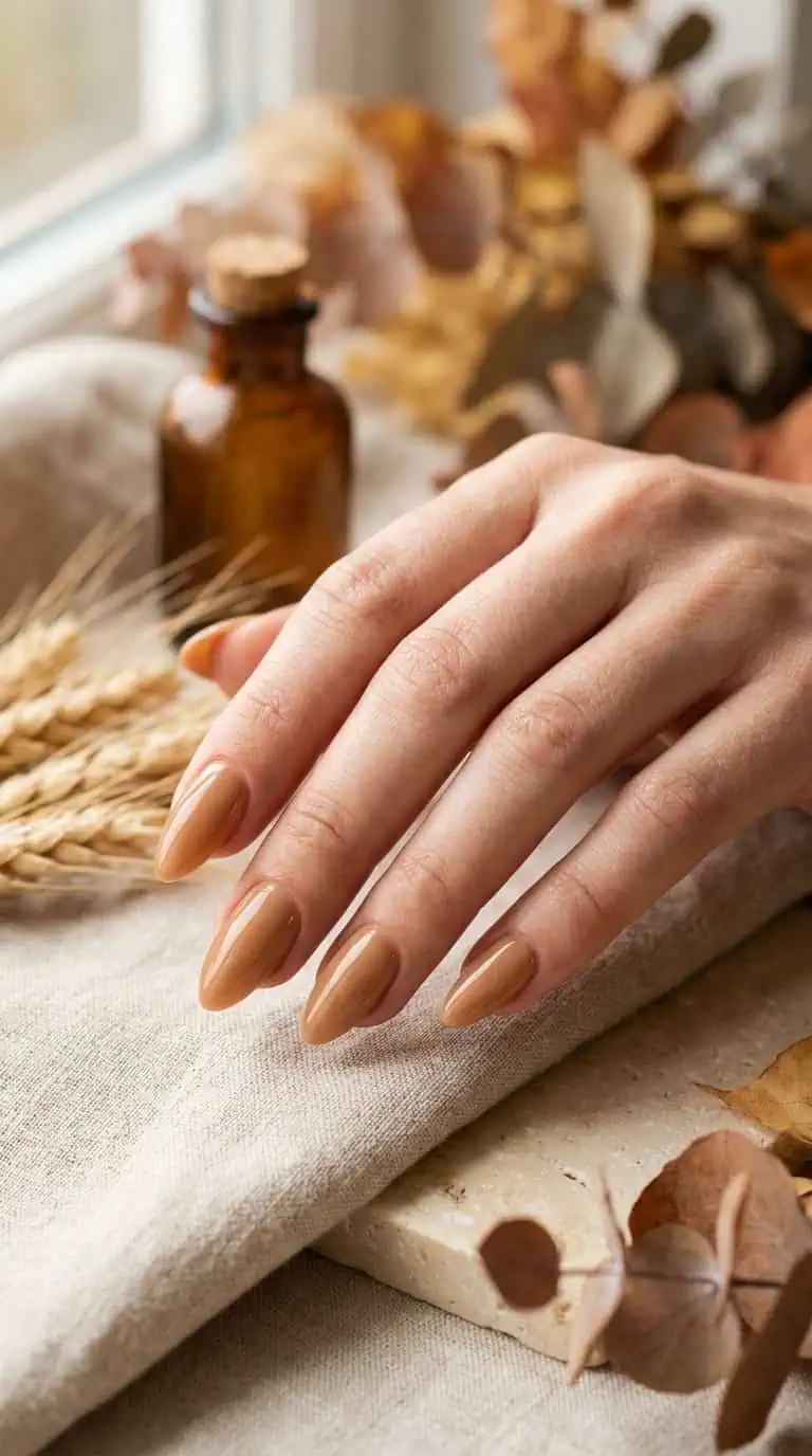 A manicured hand with glossy caramel nude almond-shaped nails rests among warm autumn-toned accents.