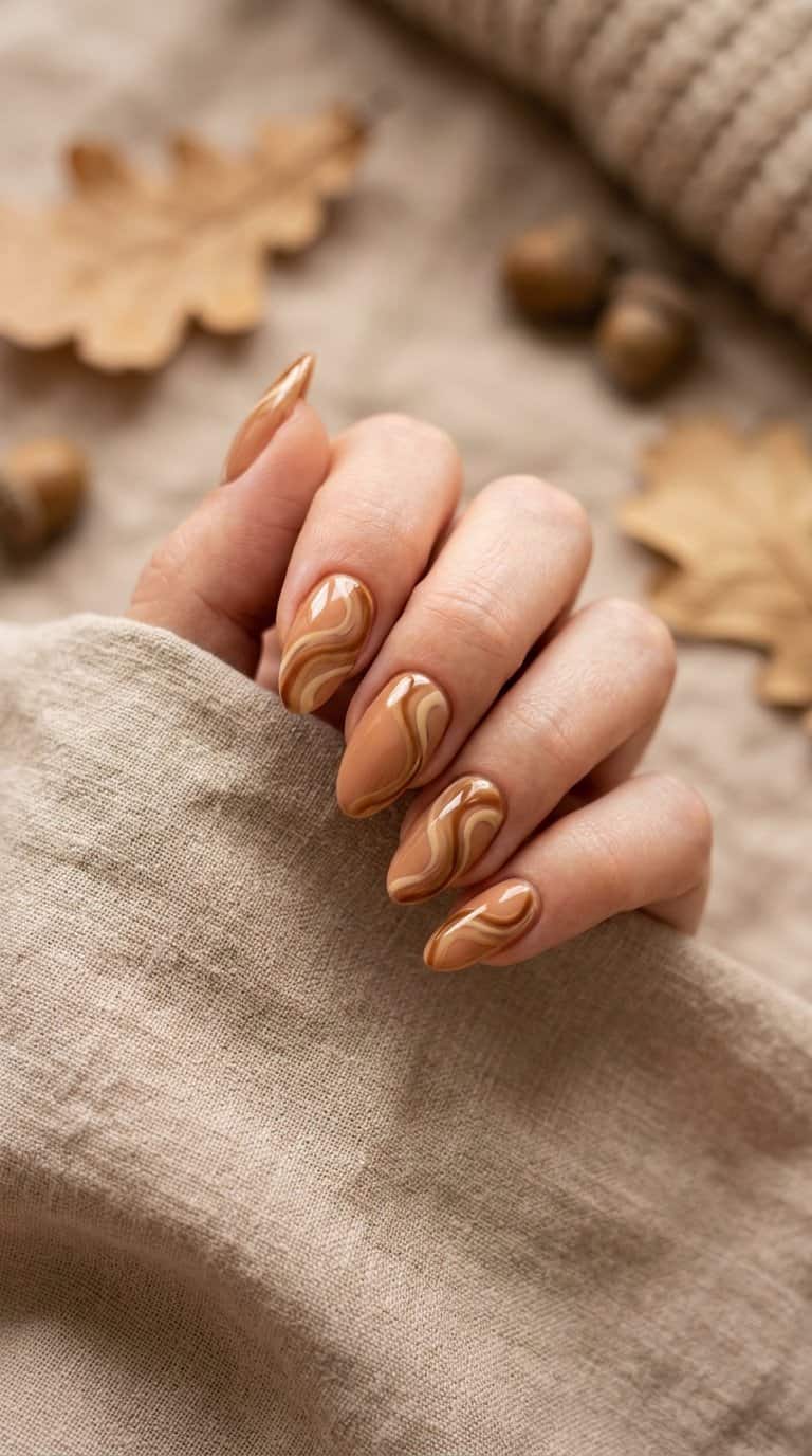 A hand with glossy almond-shaped nails featuring caramel and cream swirl designs.