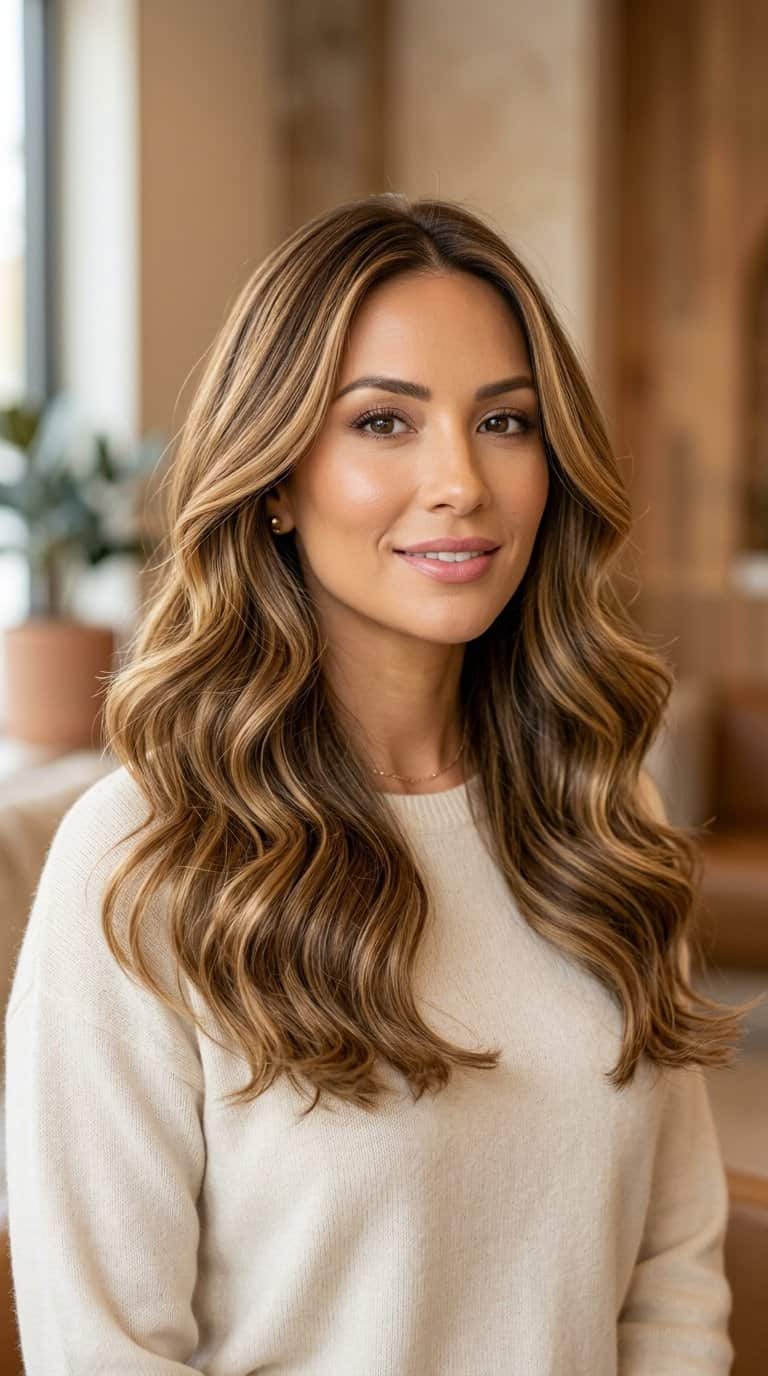 Woman with long, wavy caramel honey bronde hair wearing a neutral sweater.