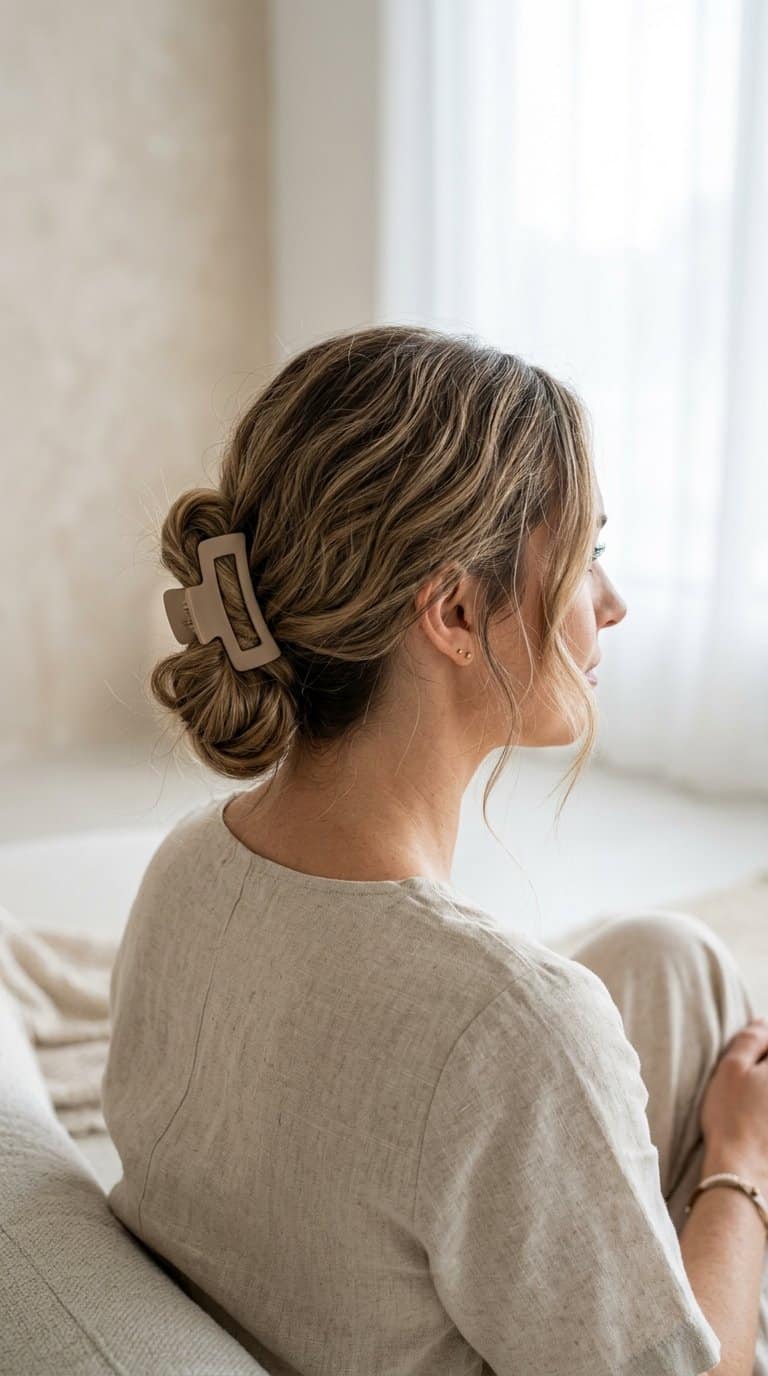 Woman wearing a low claw-clip bun with wispy strands framing her face.