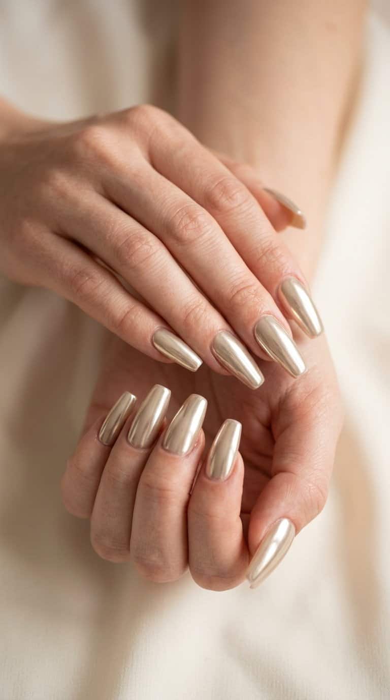 A hand with long champagne-colored chrome coffin-shaped nails.