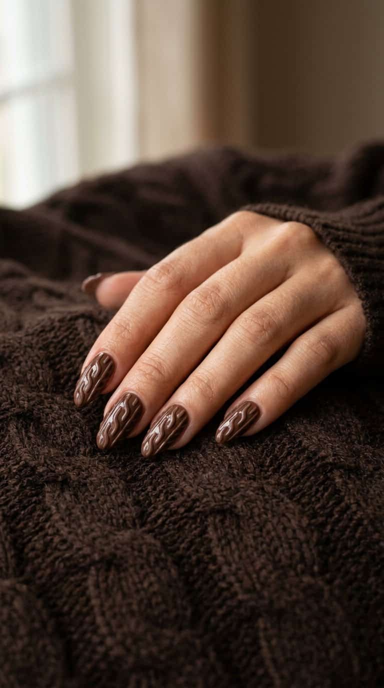 A hand with glossy chocolate brown cable-knit textured nails resting on a brown knitted sweater.