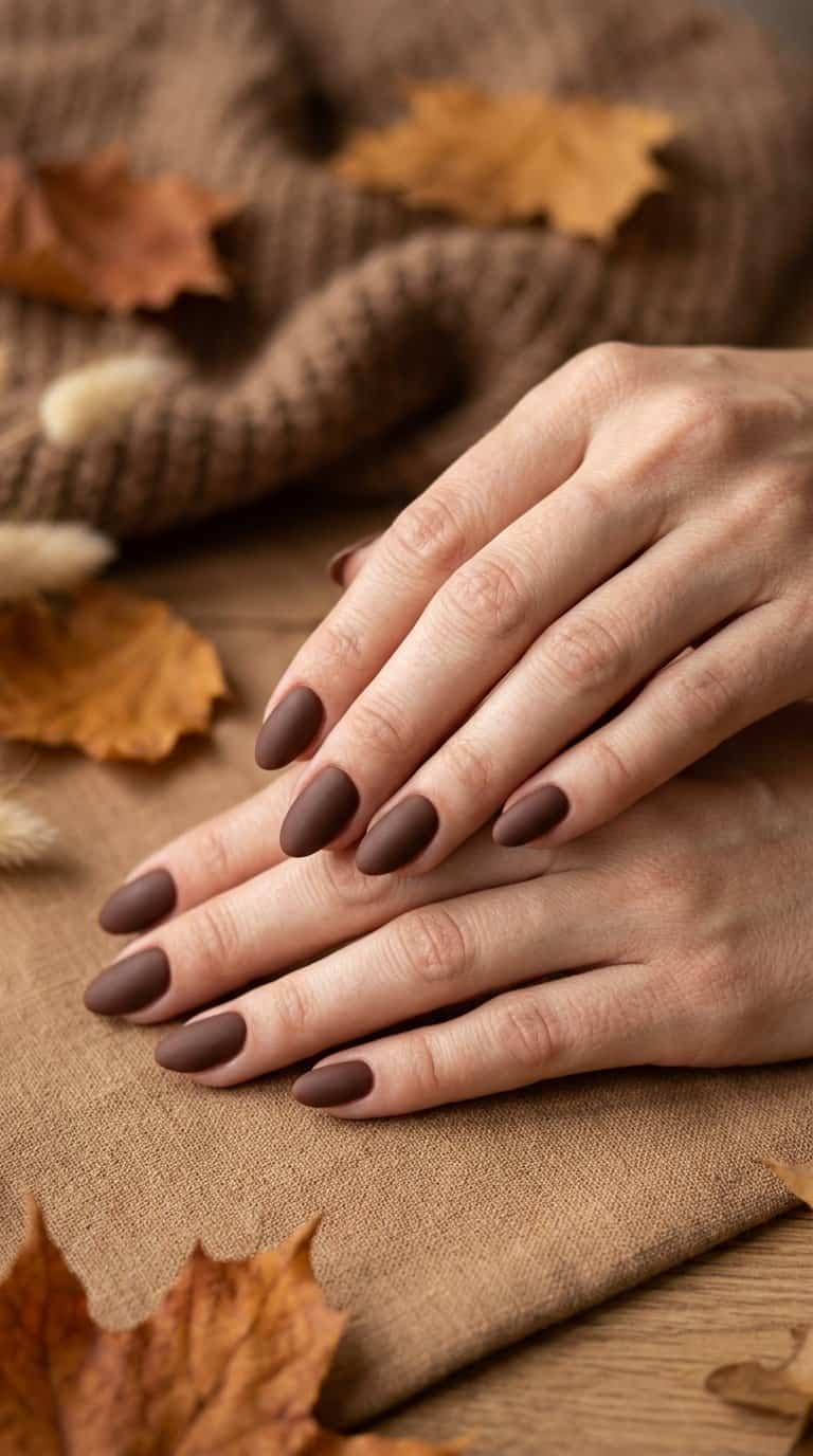 Close-up of hands with chocolate-brown matte nails resting on a warm autumn-toned surface.