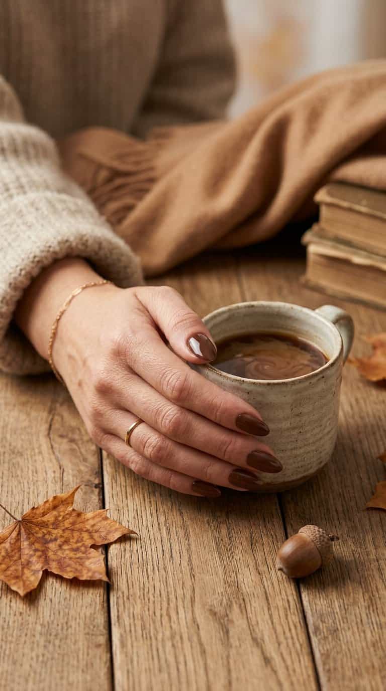 A hand with glossy chocolate brown manicured nails rests beside autumn leaves and a cup of coffee.