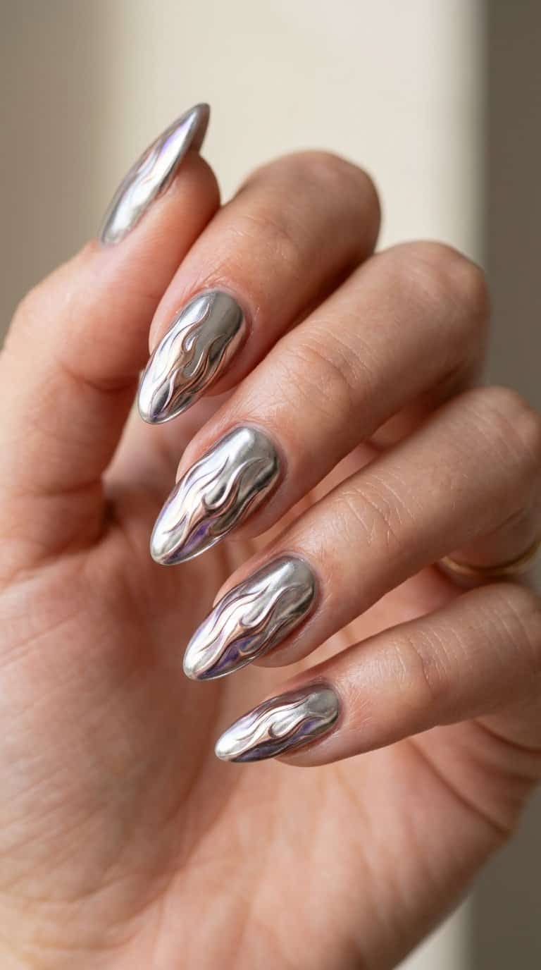 A close-up of a manicured hand with reflective chrome flame designs on the nails.