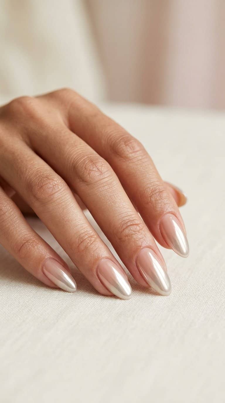 A hand with glossy nude and chrome ombre almond-shaped nails resting on a neutral surface.